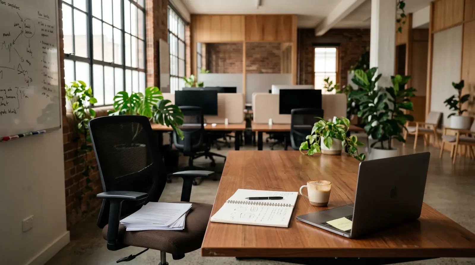 An empty office chair pulled out from a wooden desk in a modern open-plan office, with a stack of resumes, a notebook and a half-finished cup of coffee left behind. A whiteboard with handwritten meeting notes is partially visible in the soft-focus background.