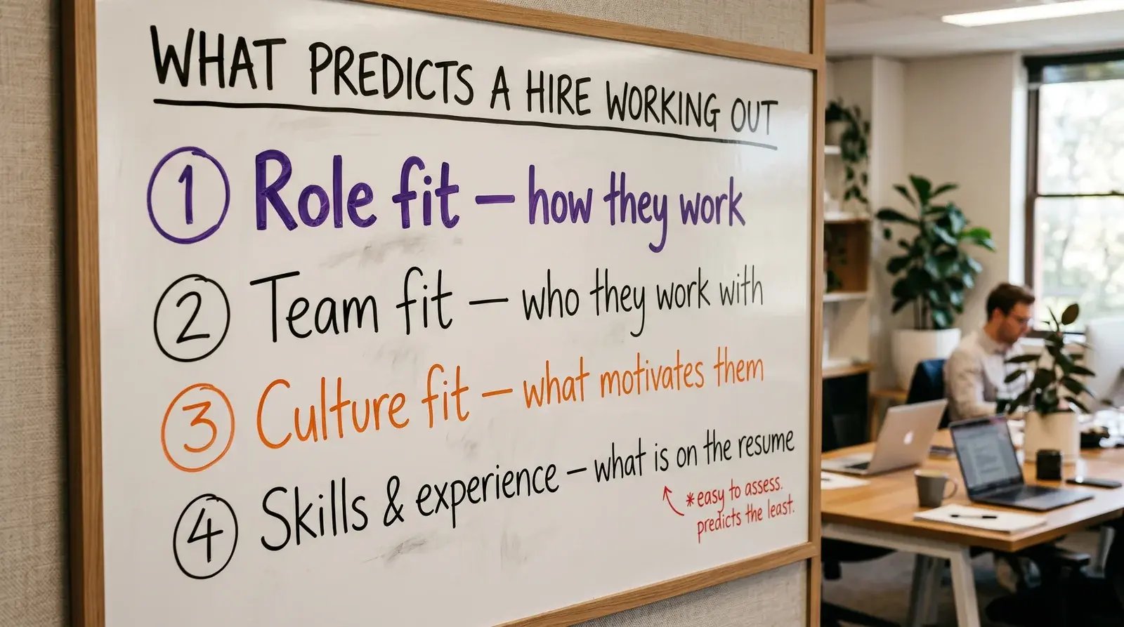Whiteboard listing four predictors of whether a hire works out, in order of weight: 1. Role fit (largest), 2. Team fit, 3. Culture fit, 4. Skills and experience, with a note next to the smallest item reading 'easy to assess. predicts the least.'