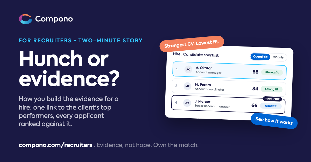 Hunch or evidence? A ranked candidate shortlist showing overall fit beside the CV-only order