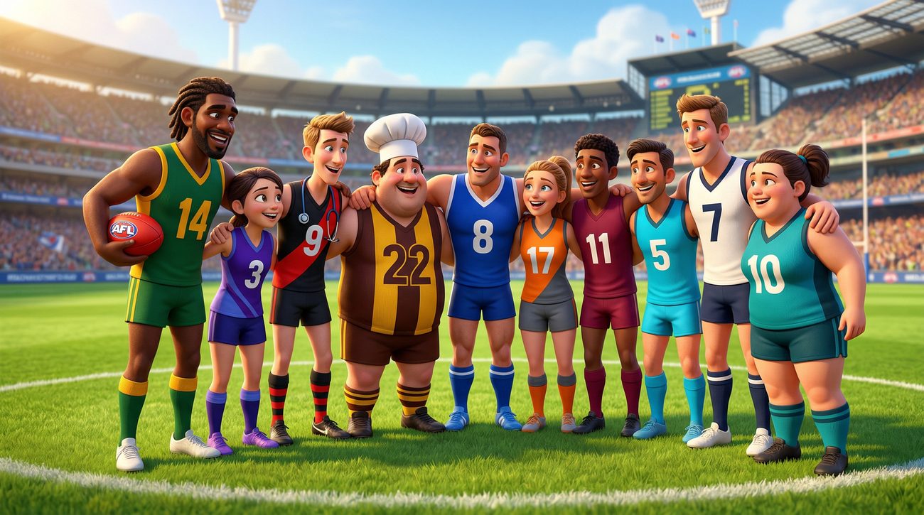 Cartoon-style illustration of an AFL football team huddle on a sunny oval, with players of different builds and backgrounds