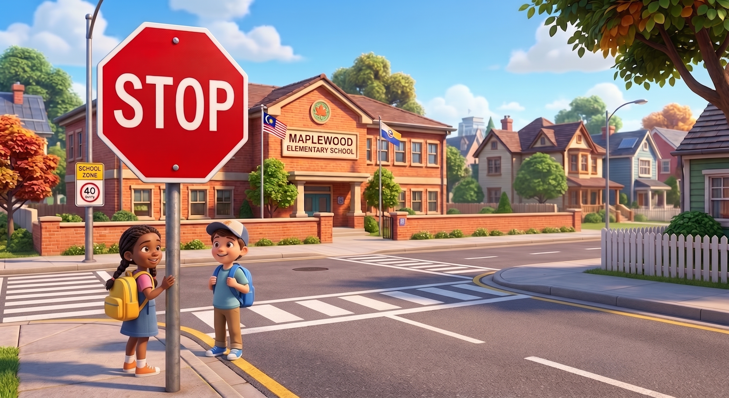 Stop sign neara a school and kids