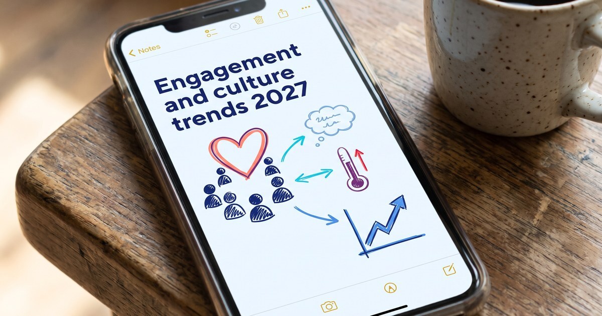 Phone notes app headed Engagement and culture trends 2027 with a sketch of a team under a heart