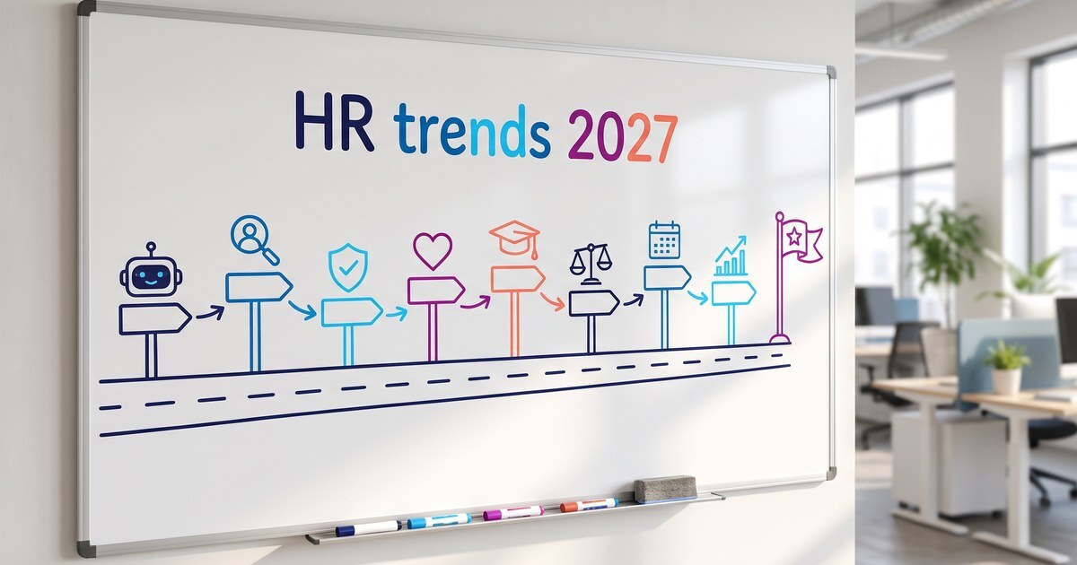 Whiteboard titled HR trends 2027 with a road of eight signposts leading to a flag