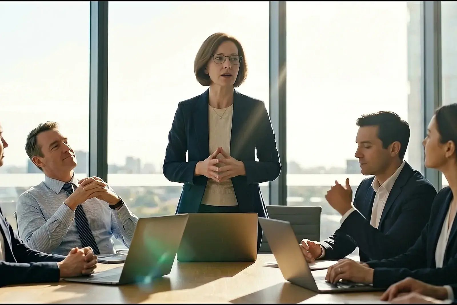 An executive presenting to colleagues around a boardroom table in morning light