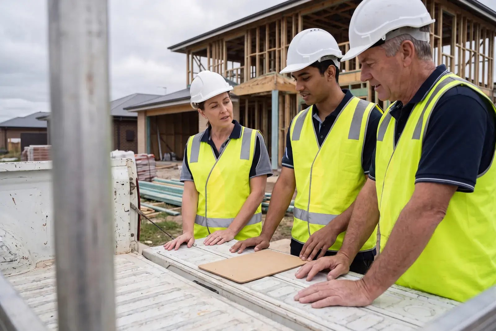A site supervisor and two crew reading a clipboard on the tailgate of a ute at a house build