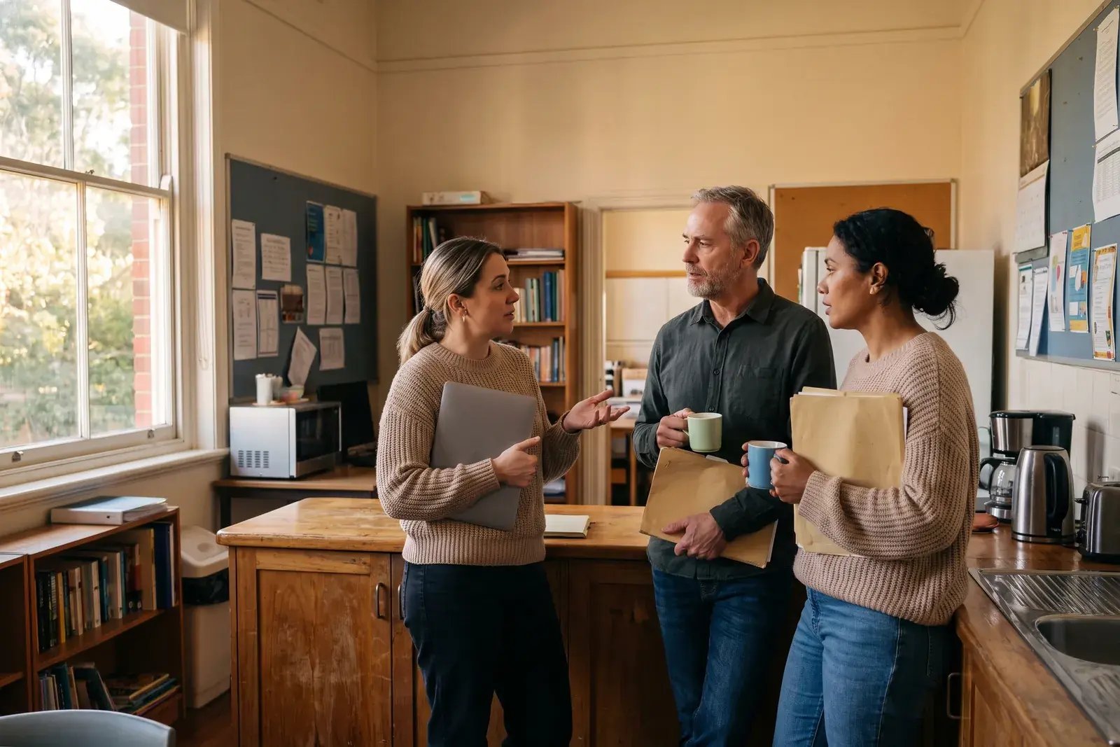 Teachers talking together in a school staff room after the last class