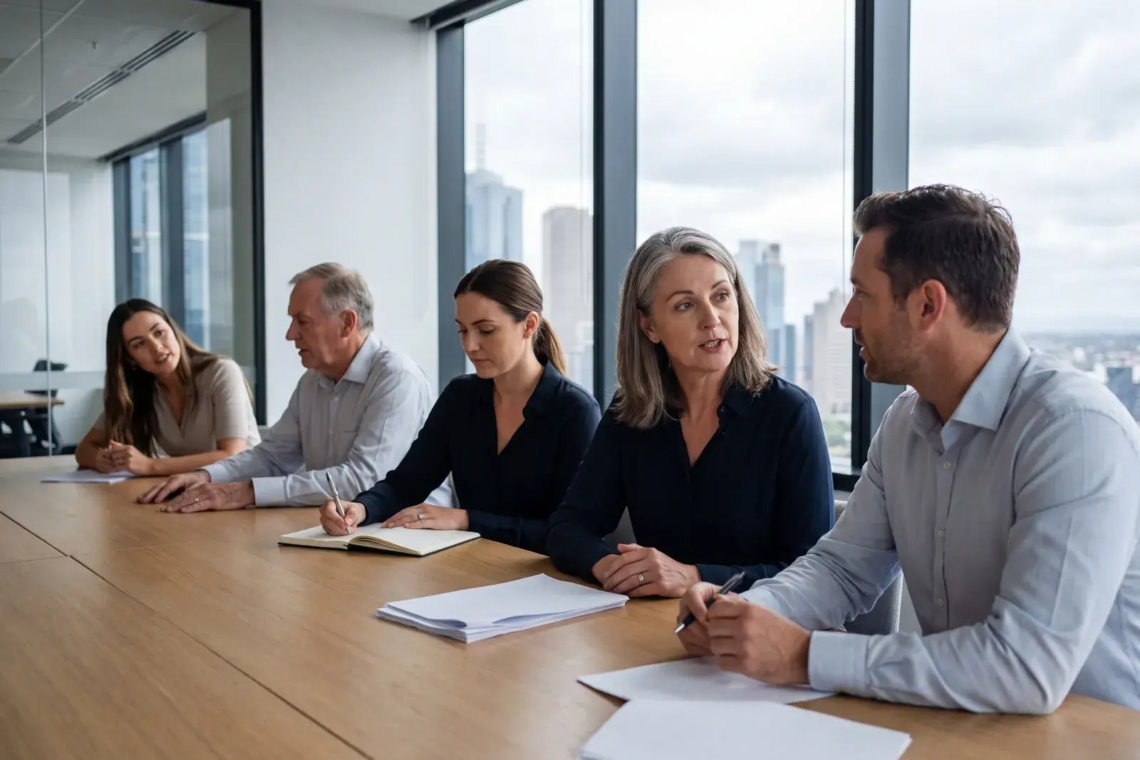 Five colleagues from different parts of a large organisation talking around a meeting room table