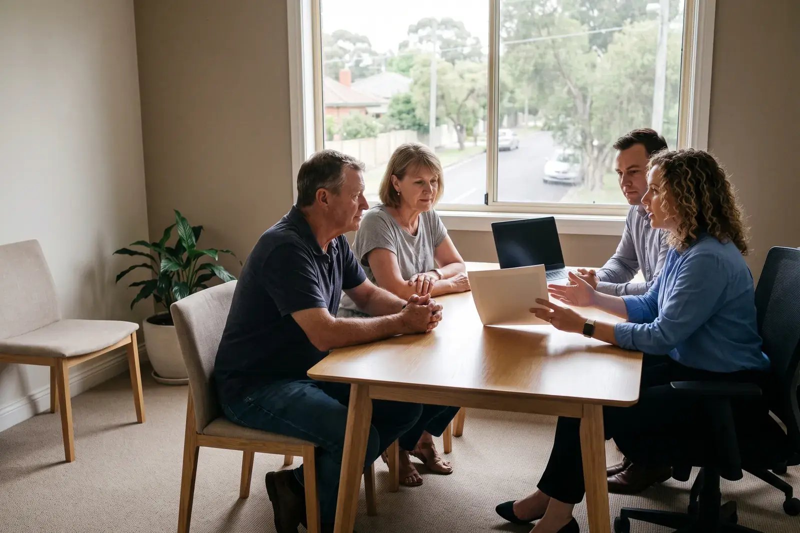 Two advisers working through a plan with clients across a table