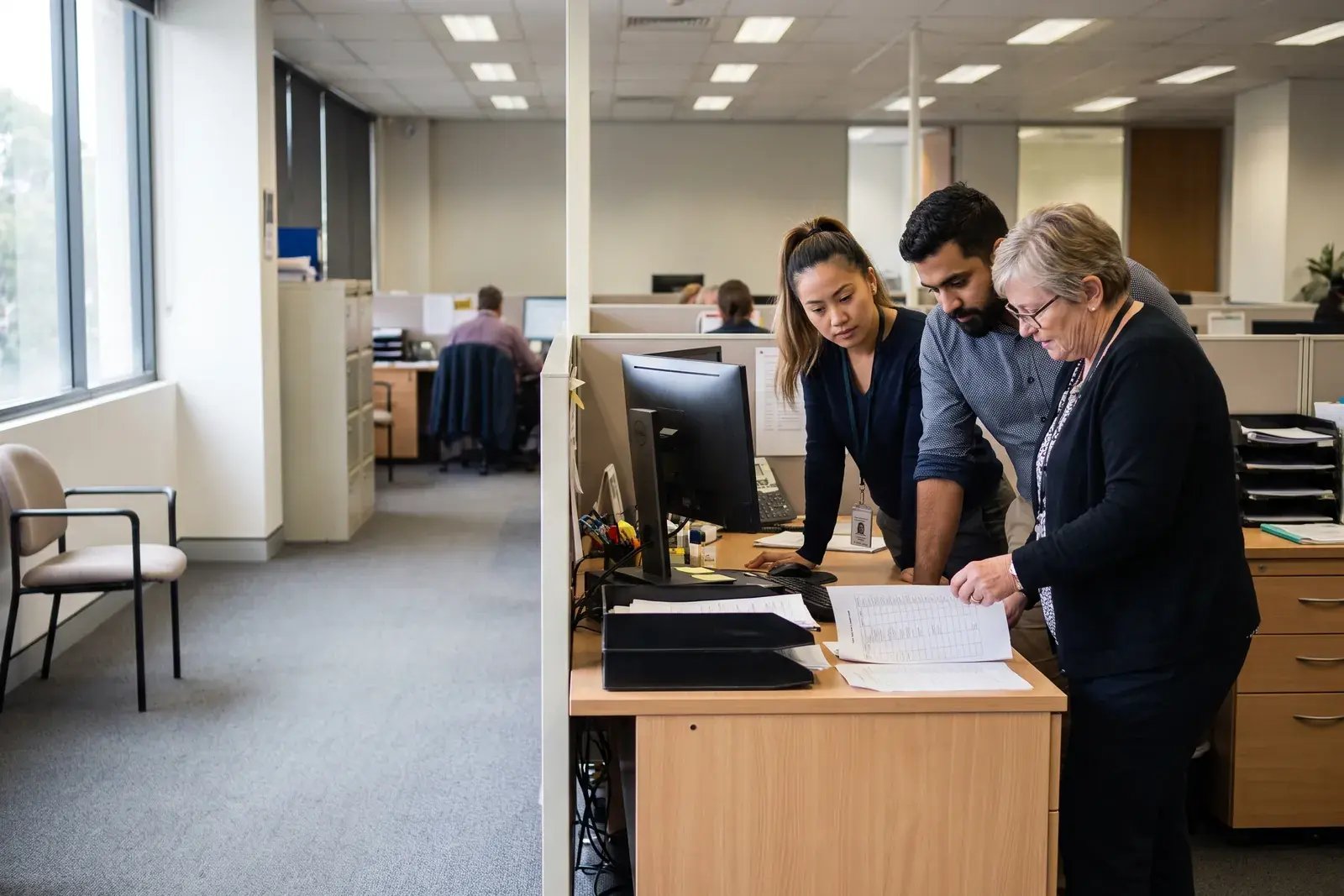 Public sector staff reviewing a printed roster together at a desk