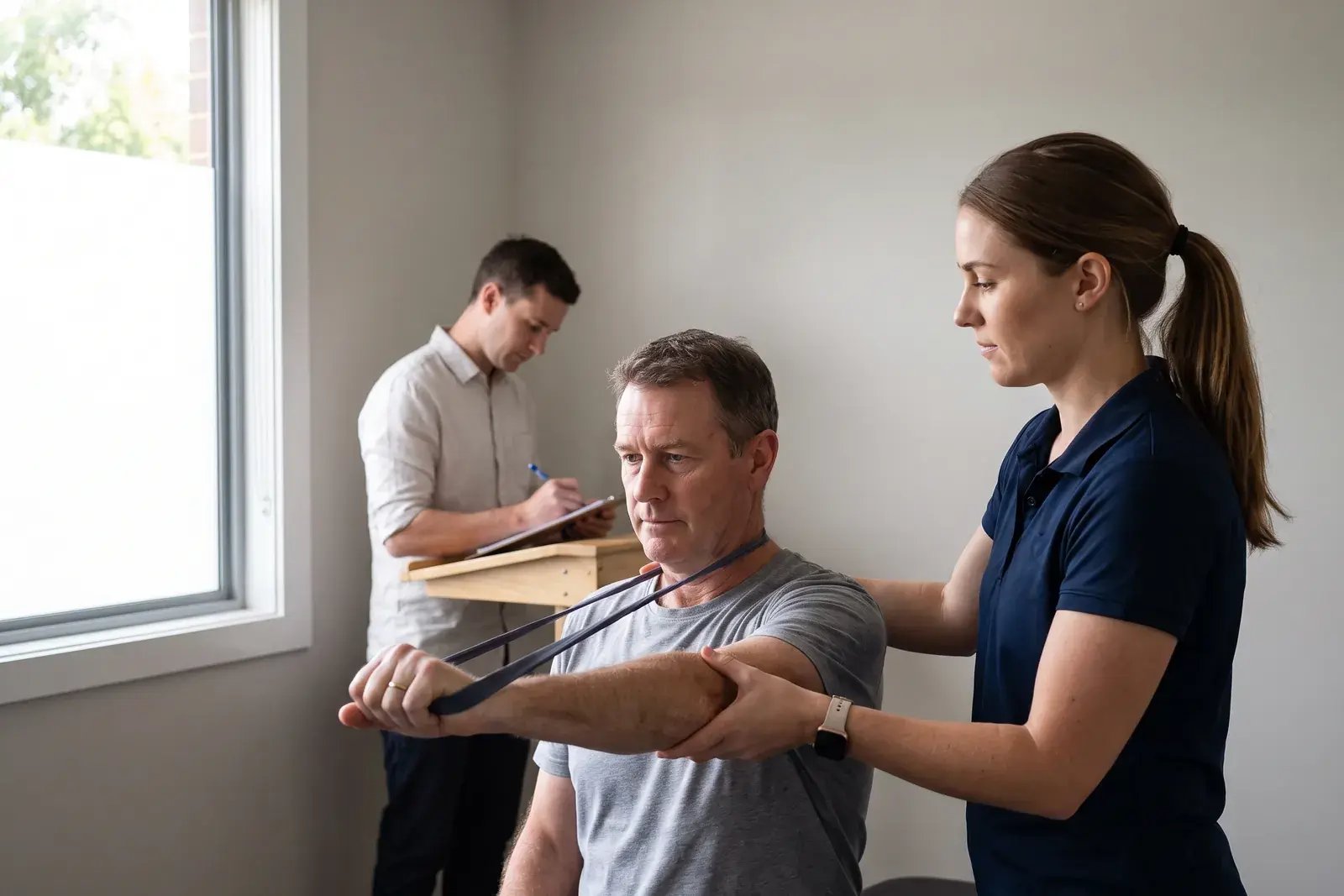 A physiotherapist guiding a patient through an exercise while a colleague makes notes