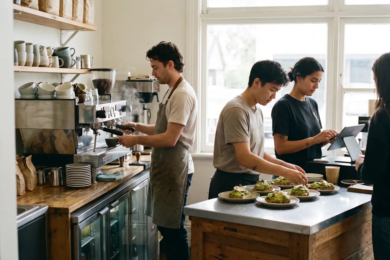A cafe team working the counter and the pass during the morning service