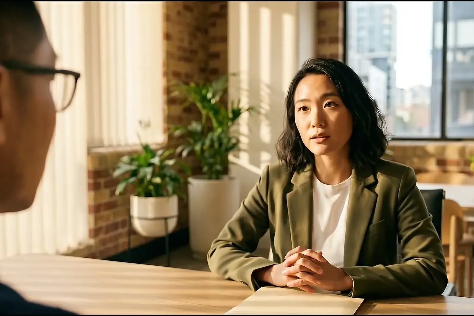 A candidate answering a question across the table in an interview