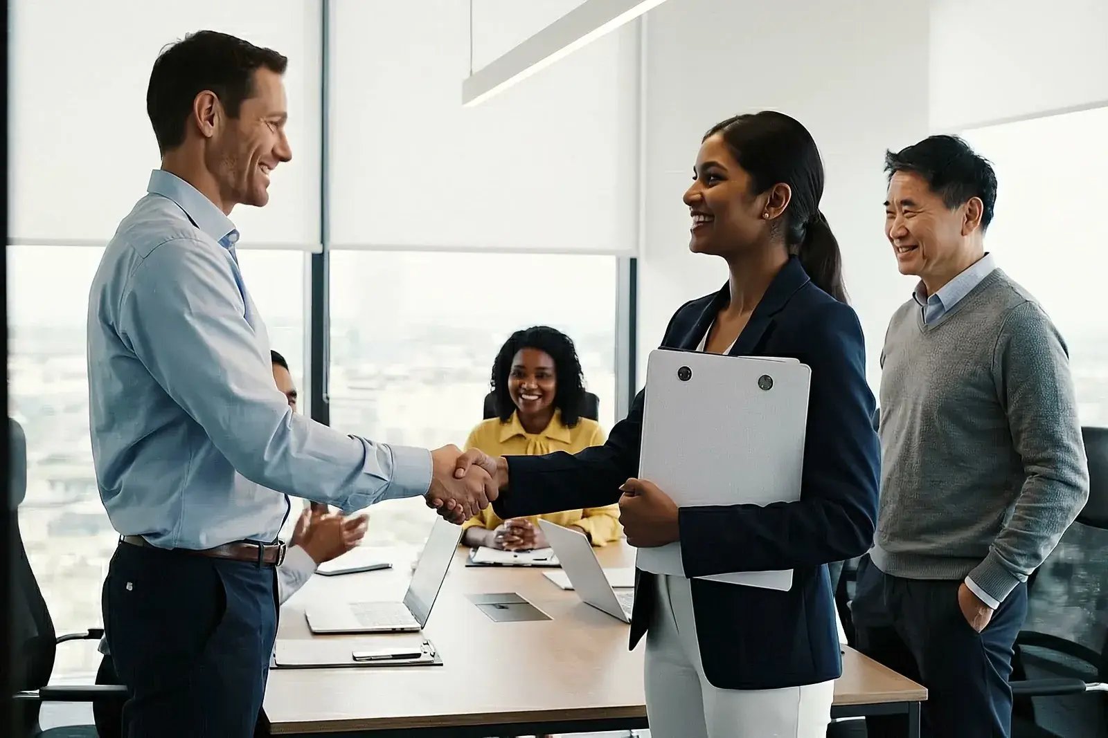An interview panel greeting a candidate at the end of a meeting
