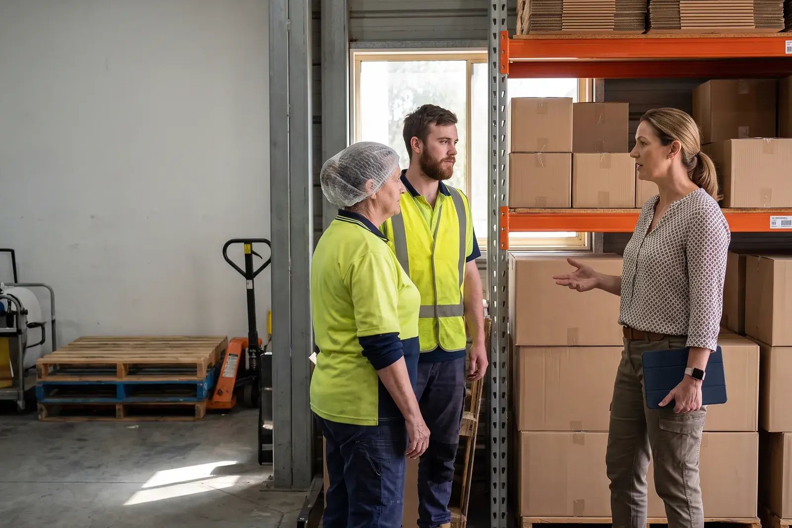 An area manager visiting a site, talking with two staff beside the racking