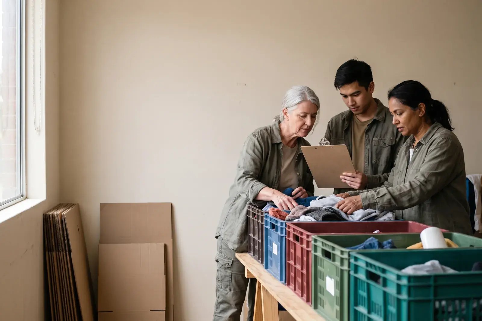 Community services staff and volunteers sorting donated goods into crates