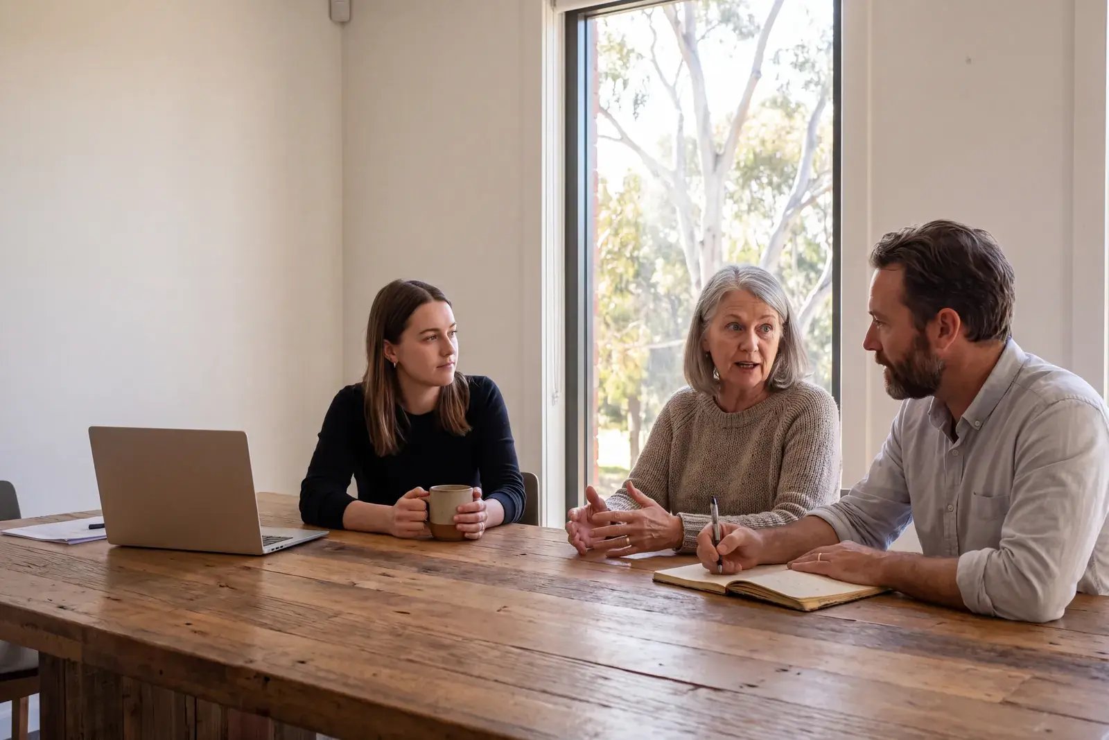 Three colleagues of different ages talking things through at a shared table by an office window