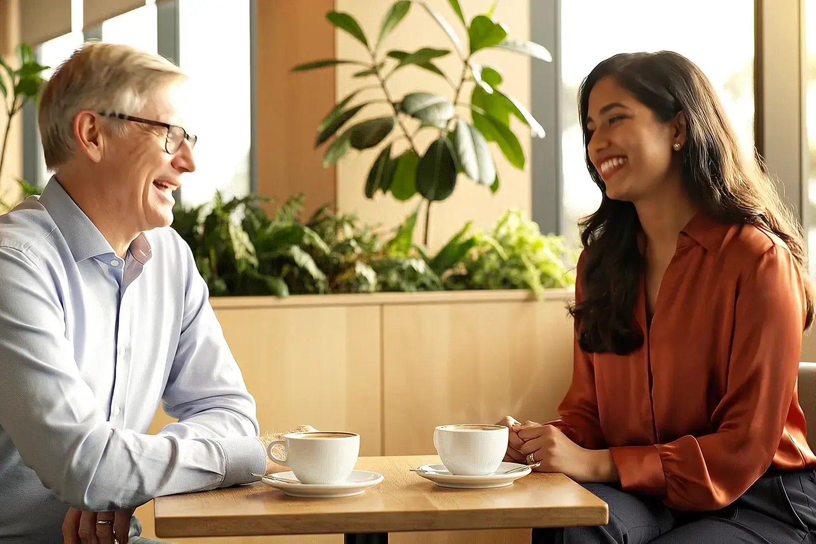 A manager and a team member talking over coffee in a quiet corner of an office