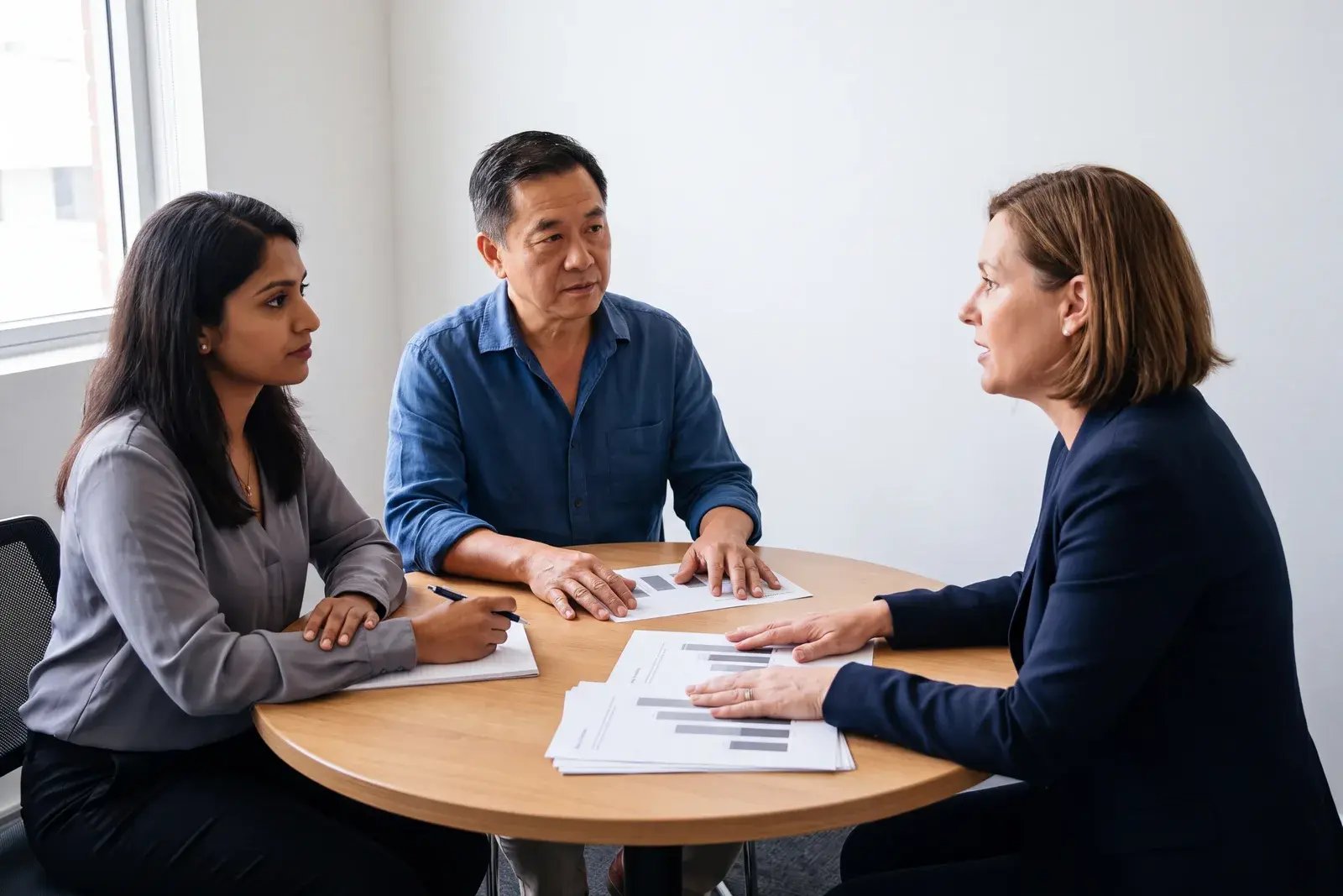 An adviser talking a founder and a colleague through printed results at a meeting table