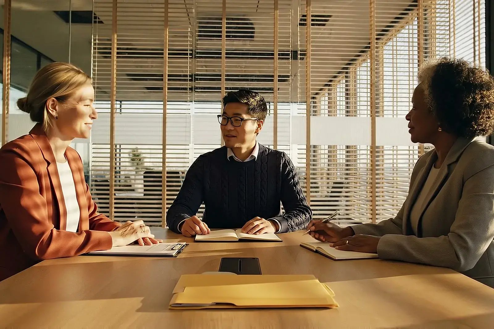 Three professionals working through a file together in a warm office