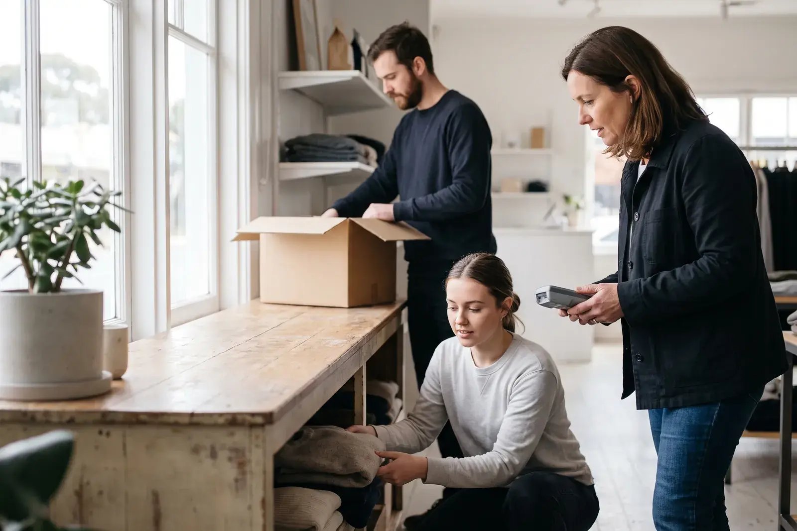 A store manager and two staff working the floor of a small shop in the morning