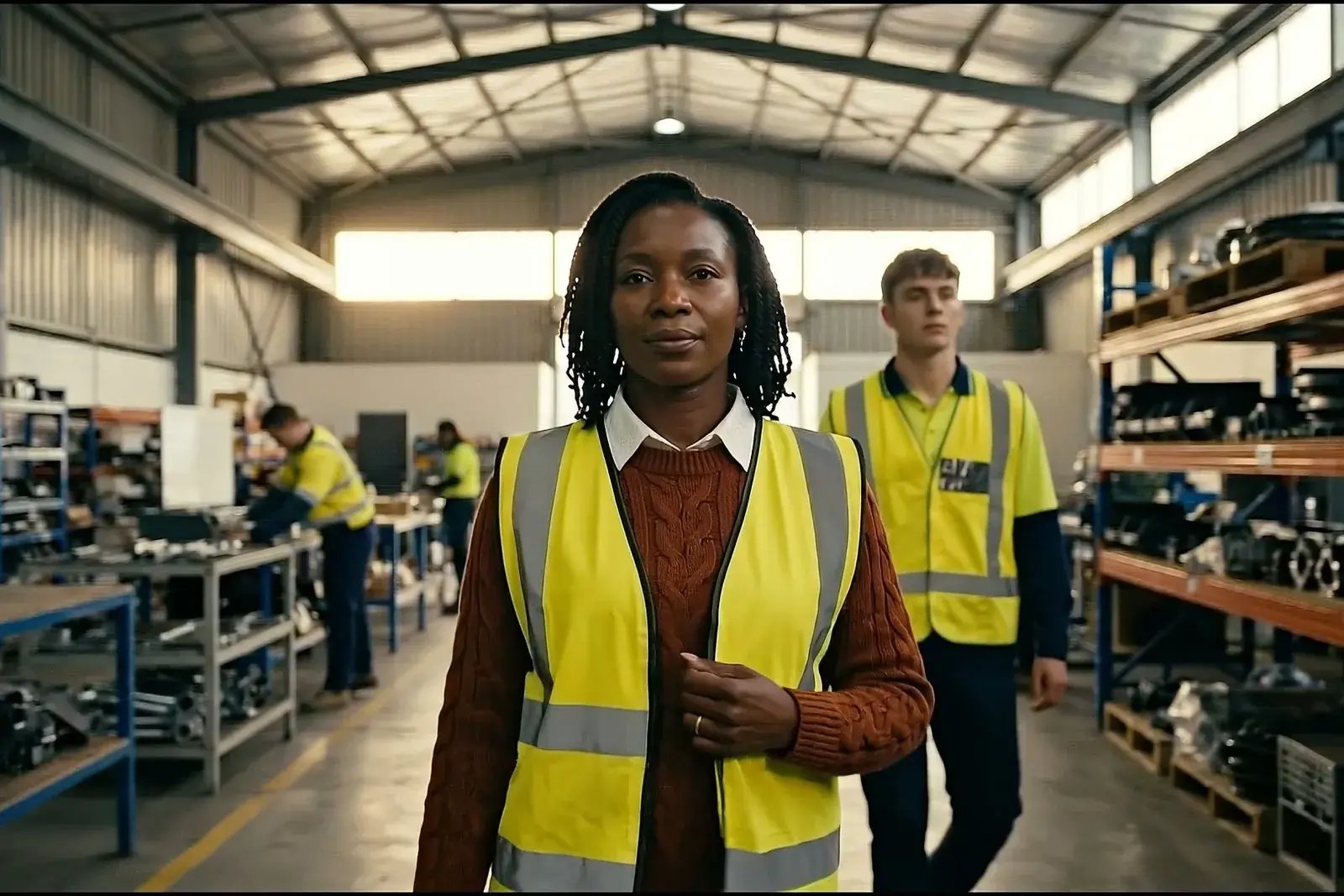 A supervisor and crew on the floor of a workshop in high visibility vests
