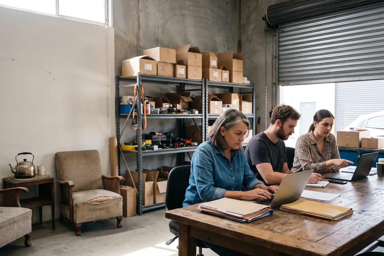 A small business owner and two staff working through paperwork at a shared table