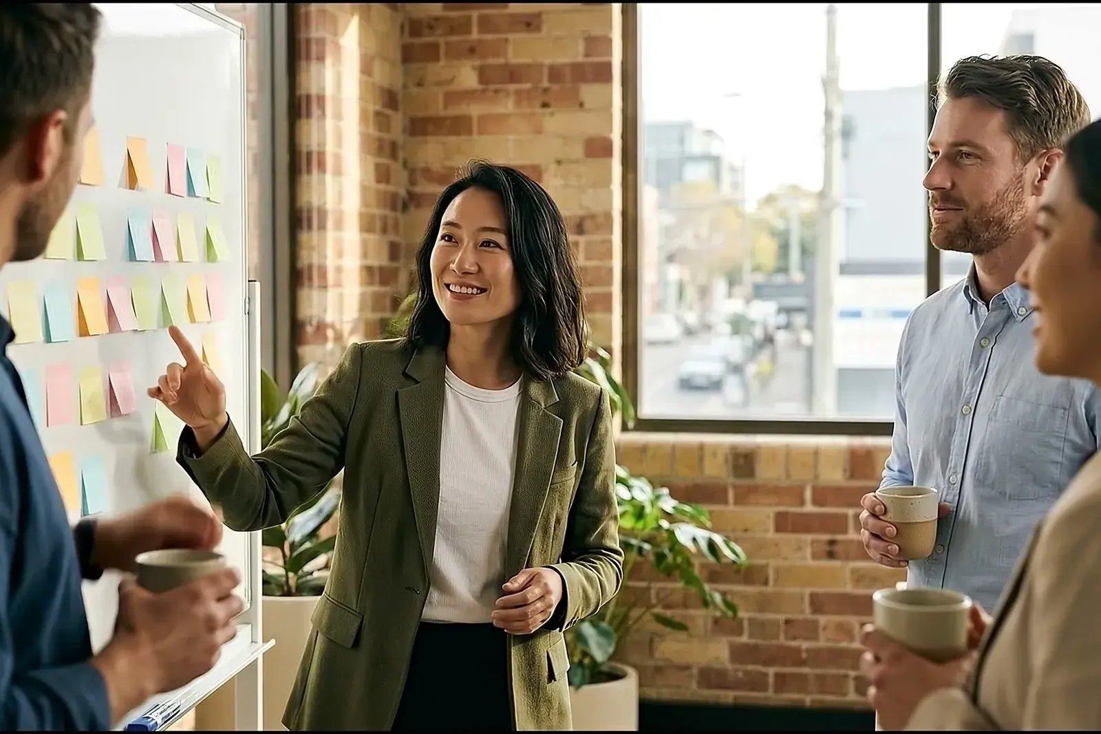 A small team standing at a wall of sticky notes with coffee in hand