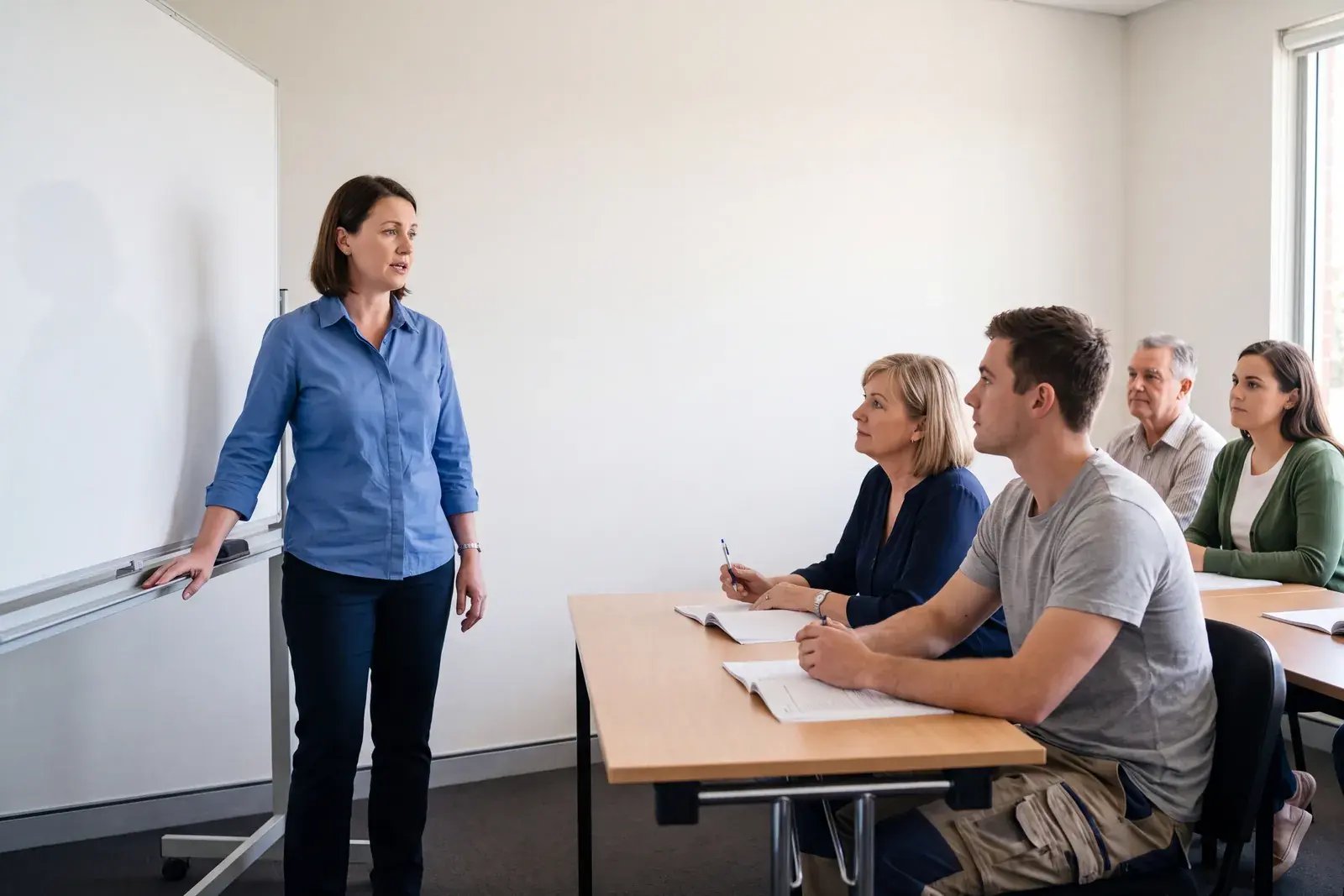 A trainer and four adult learners in a workplace training session beside a blank whiteboard
