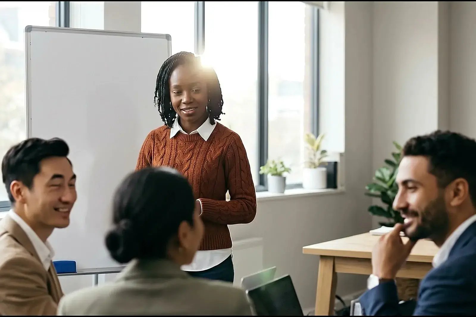 A leader talking a small group through a plan at a whiteboard