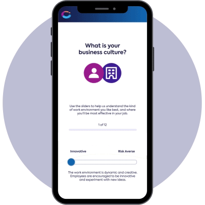 A phone screen showing a business culture and work environment assessment for job search and candidate screening.