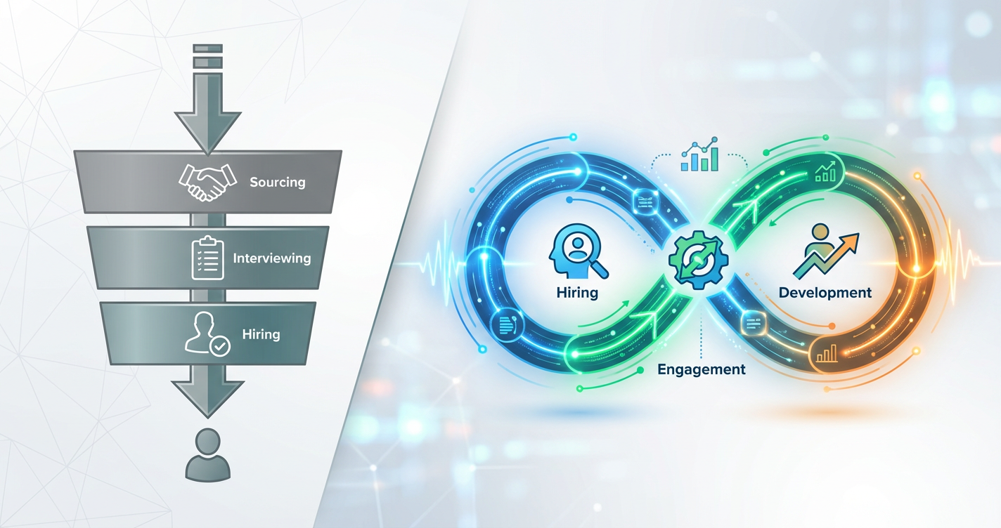 An illustration comparing a traditional 'linear' recruitment funnel with a modern 'continuous loop' talent ecosystem. The ...