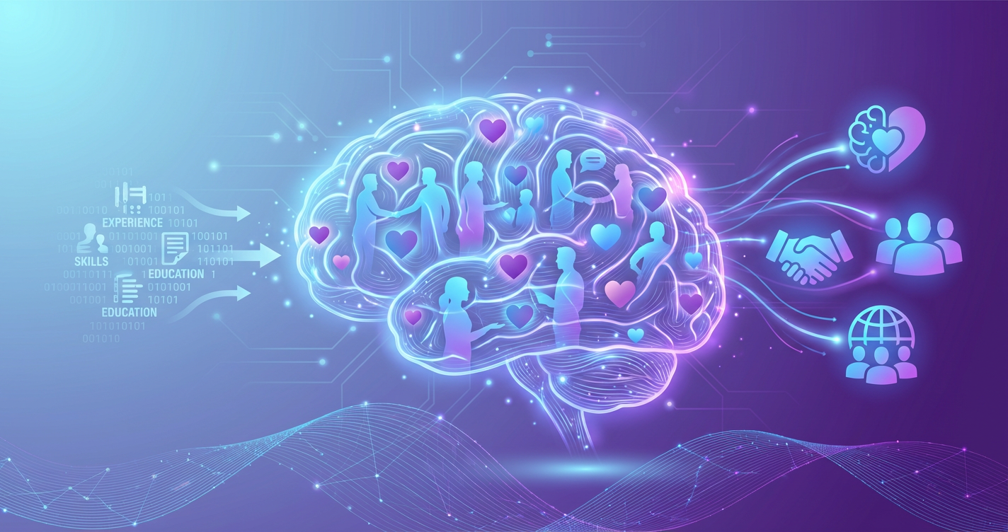 A conceptual image of 'Human-Centric AI'. A glowing digital brain silhouette overlaid with human silhouettes and heart ico...