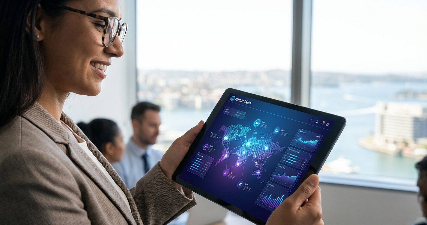 A close-up of a diverse HR in Sydney using a sleek tablet. The screen shows an AI-powered talent analytics dashboard with ...
