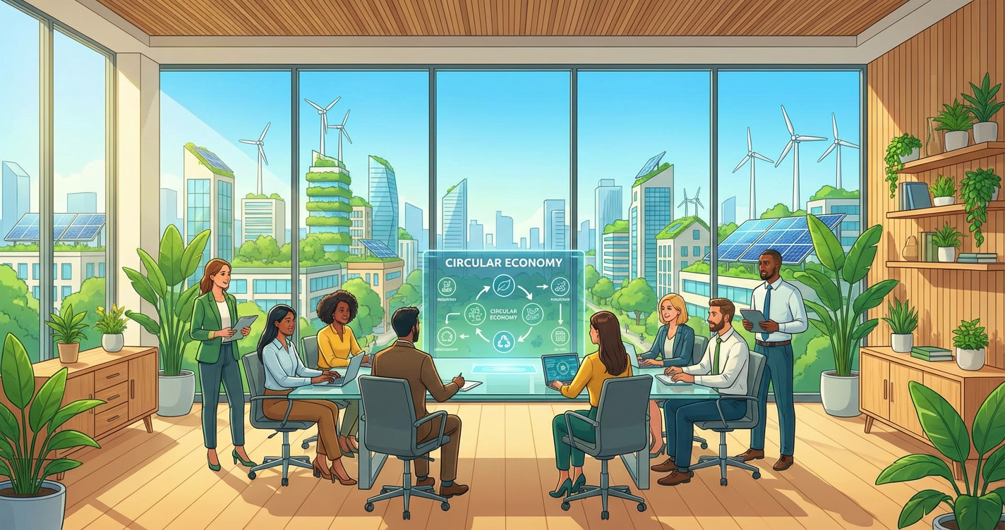 An illustration of a 'Green City' concept integrated into a corporate boardroom. Solar panels, vertical gardens, and wind ...
