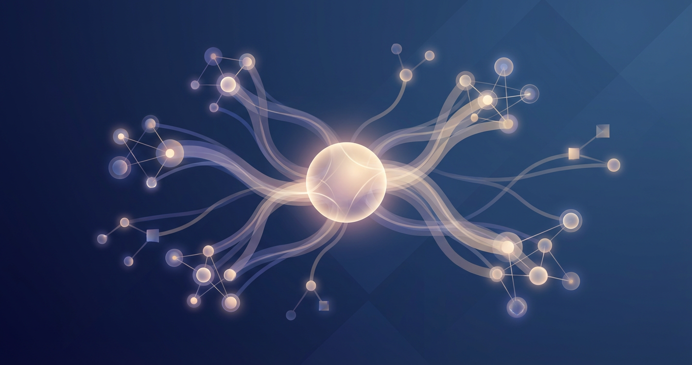 An abstract visualisation of 'fuzzy logic' and skills mapping. Connecting nodes and glowing lines representing different b...