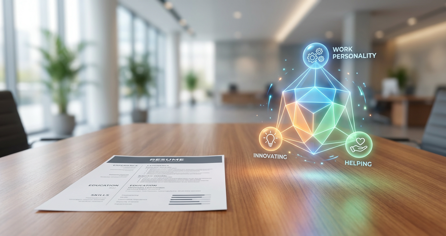 A comparison of two candidates: one a traditional resume with text, the other a vibrant, 3D 'Work Personality' profile sho...