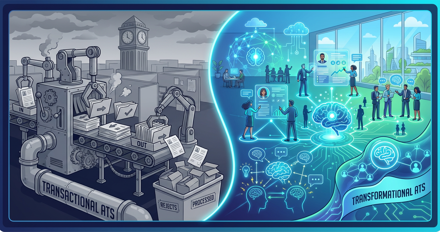 An illustration showing the contrast between a 'Transactional' ATS (grey, mechanical, moving paper folders) and a 'Transfo...