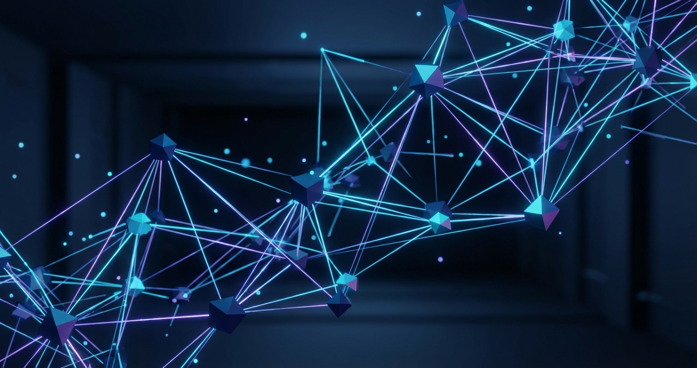 An abstract 3D visualisation of interconnected skills and nodes, representing a 'skills-first' architecture. Use Compono b...