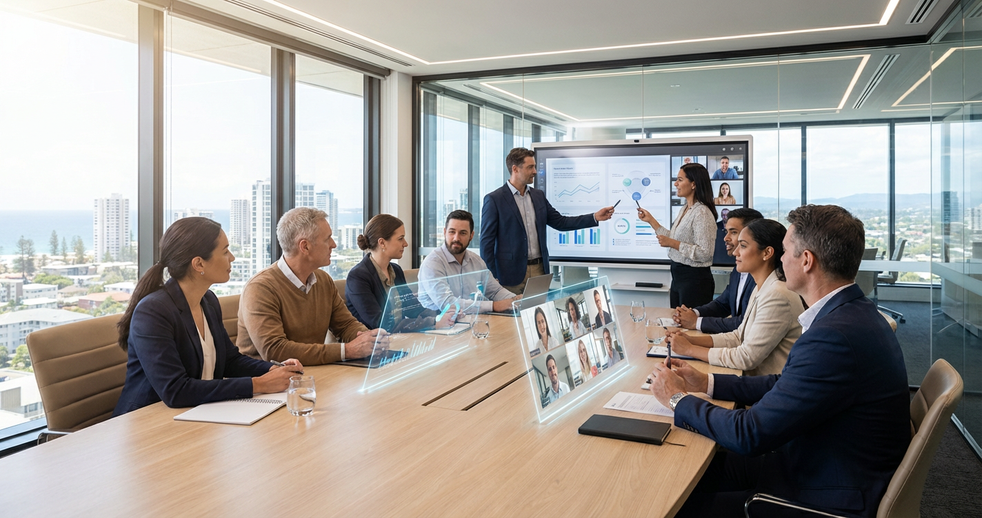 A diverse group of Australian s in a hybrid meeting setting, some in-person and some on holographic screens. They are enga...