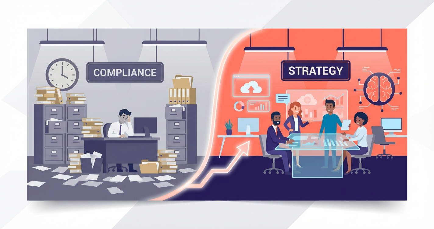 An illustration representing the shift from old HR to new HR. On one side, a grey, paper-filled office with a 'compliance'...