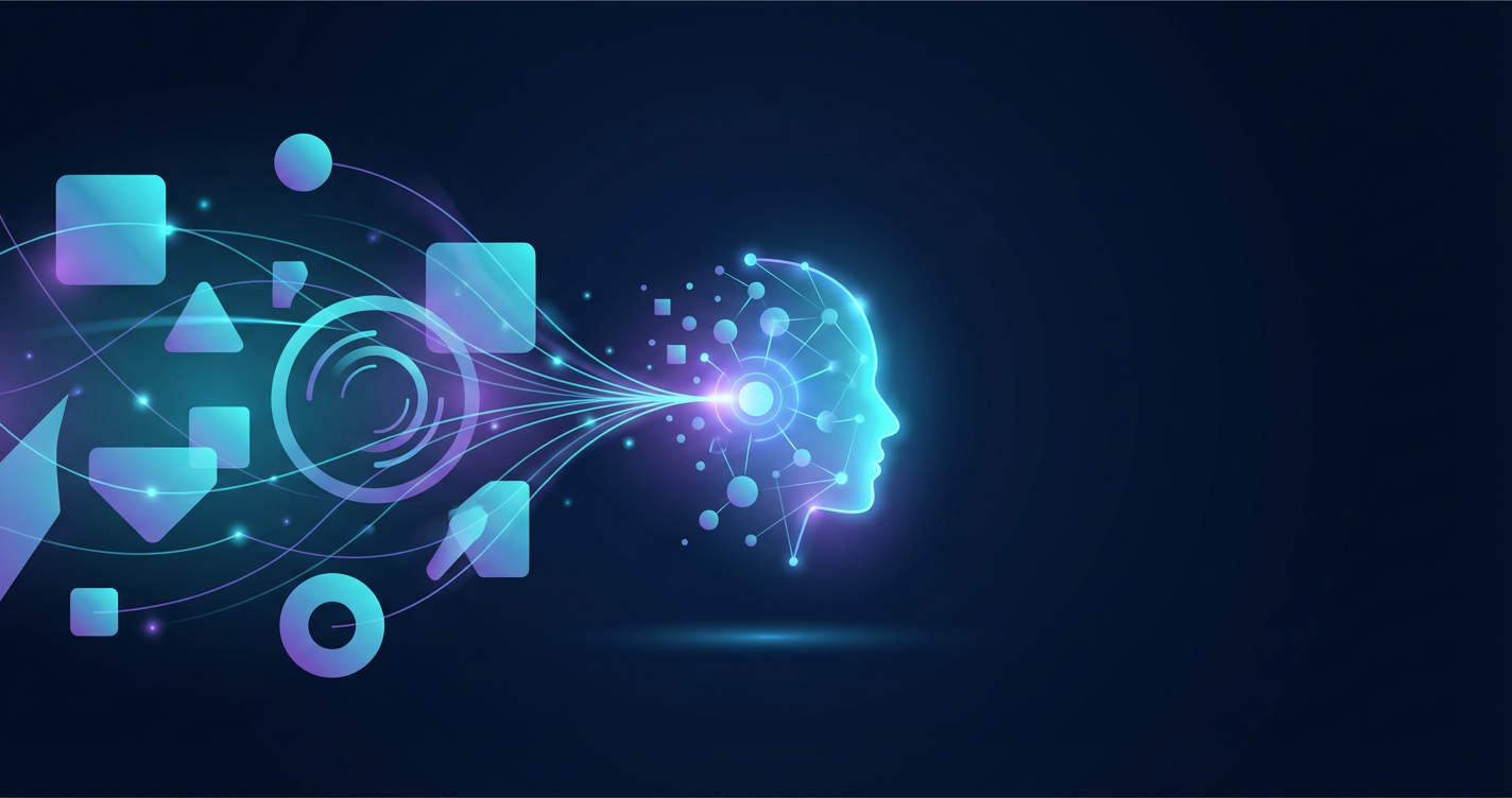 A conceptual visualisation of 'Intelligent Matching'. Abstract shapes representing skills and personality traits floating ...