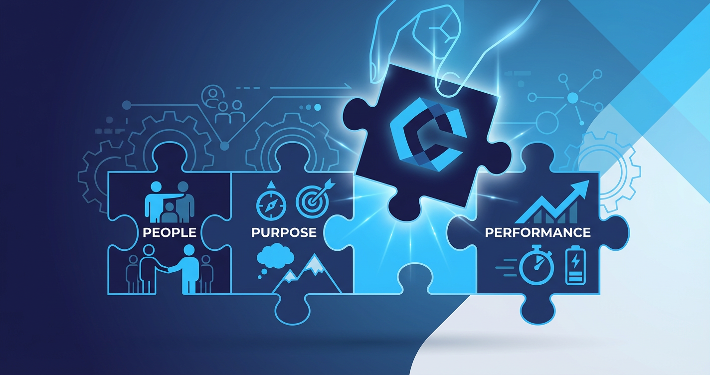 A conceptual illustration of a puzzle being put together, where the pieces represent 'People', 'Purpose', and 'Performance...