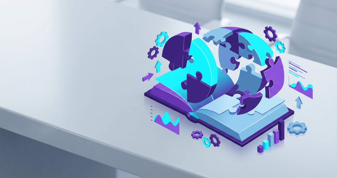 A conceptual illustration of a 'culture playbook' or a puzzle being put together, representing the Compono name. Modern, 3...