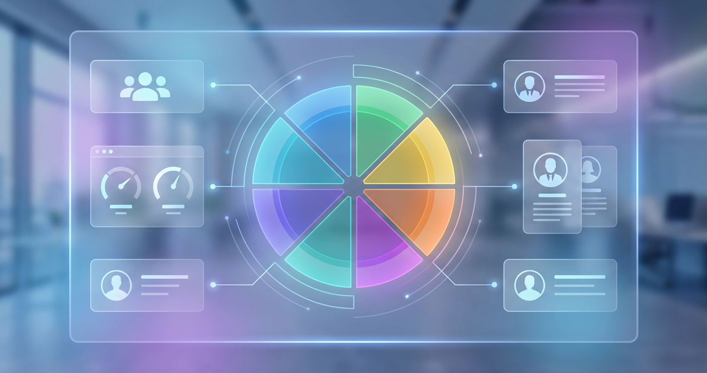 A high-tech dashboard interface showing 'Work Personality' insights with an 8-part color wheel. The UI looks futuristic ye...