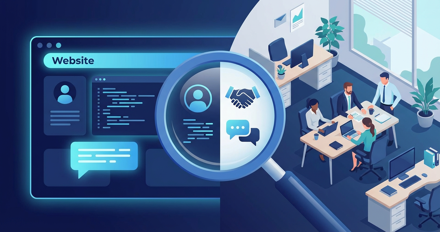 A conceptual illustration showing a 'Website' screen on one side and a 'Real Office' scene on the other, with a magnifying...