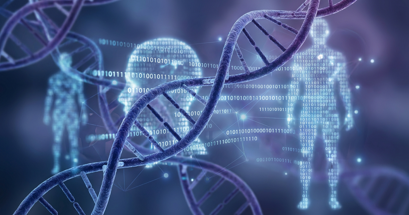 A sophisticated visualisation of behavioural science: abstract DNA strands merging with digital binary code and human silh...