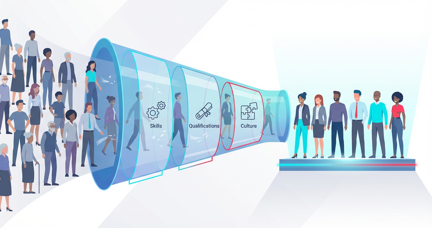 A process-oriented image showing a 'Bias-Free Funnel'. On the left, a diverse crowd of stylized figures enters a wide funn...