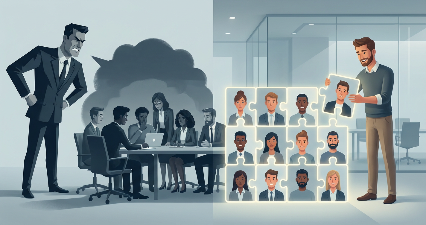 An illustration showing a 'Brilliant Jerk' character (a sharp-dressed but aggressive-looking ) casting a dark shadow over ...