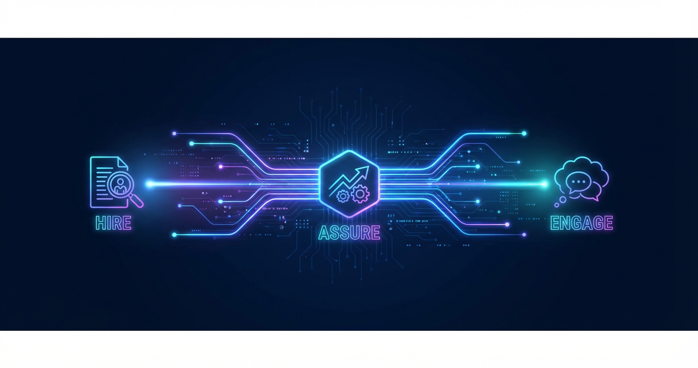 A visual representation of the 'Hire-to-Retire' lifecycle. A glowing path connecting a candidate's first application in Co...
