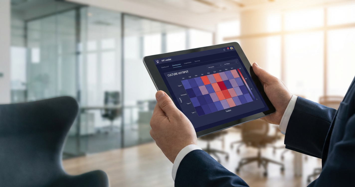 A close-up of a digital dashboard on a tablet held by an HR leader. The screen shows a 'Culture Hotspot' heatmap with vary...
